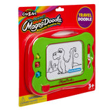 A Travel Magna Doodle in green packaging, featuring a dinosaur drawing on the screen. The toy is suitable for children aged 3 and up and includes a travel doodle version.