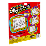 Packaging of "Travel Magna Doodle" showing the product and its features: draw, stamp, and erase. For ages 3 and up. Includes board with eraser, 2 stampers, and a pen.