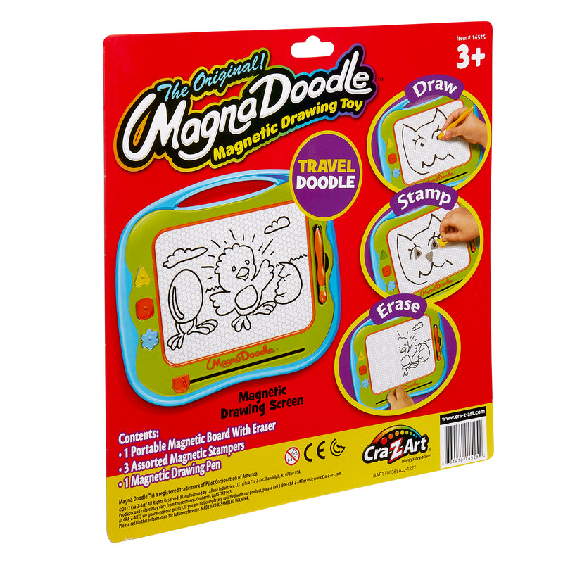 Packaging of "Travel Magna Doodle" showing the product and its features: draw, stamp, and erase. For ages 3 and up. Includes board with eraser, 2 stampers, and a pen.