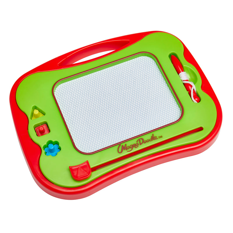 A red and green Travel Magna Doodle with a white drawing screen, including shape stamps and a magnetic pen.
