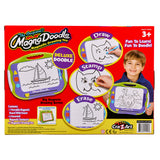 Packaging of "Original Magna Doodle," Deluxe Doodle version, a magnetic drawing toy for kids ages 3 and up. It shows a child playing with the toy and its features: draw, stamp, and erase.