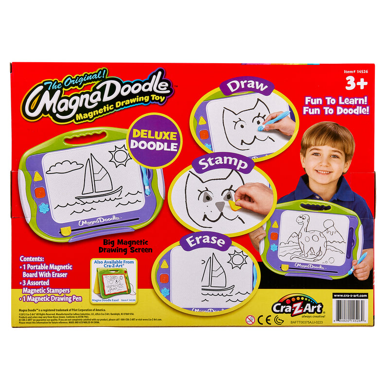 Packaging of "Original Magna Doodle," Deluxe Doodle version, a magnetic drawing toy for kids ages 3 and up. It shows a child playing with the toy and its features: draw, stamp, and erase.