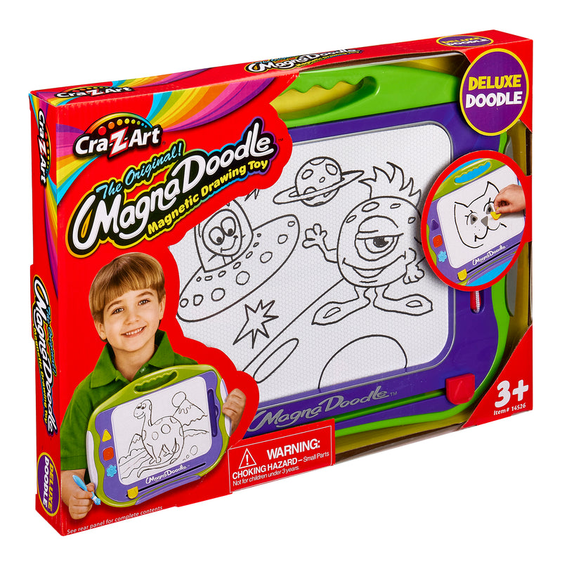 The image shows an Original Magna Doodle in its packaging, featuring illustrations of a space theme and a smiling child holding the drawing toy. Suitable for ages 3 and up.