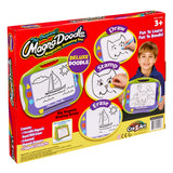 The image shows a box of "Original Magna Doodle" magnetic drawing toy. It includes one portable drawing board, two stamps, an eraser bar, and a magnetic drawing pen. The package is intended for ages 3 and up.