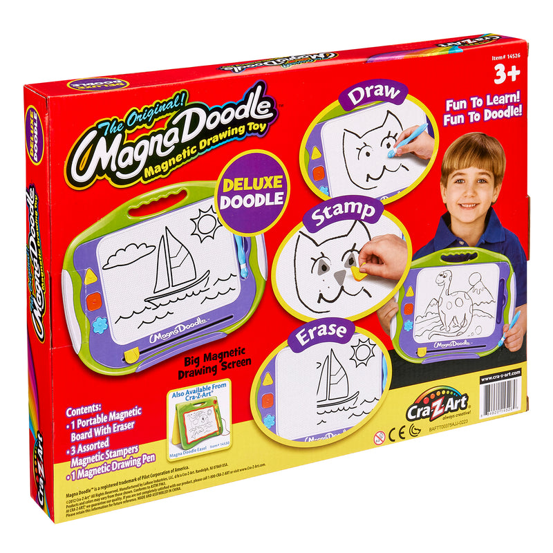 The image shows a box of "Original Magna Doodle" magnetic drawing toy. It includes one portable drawing board, two stamps, an eraser bar, and a magnetic drawing pen. The package is intended for ages 3 and up.