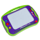 A green and purple Original Magna Doodle board with a white drawing surface, a red magnetic pen, and shapes for creating designs.