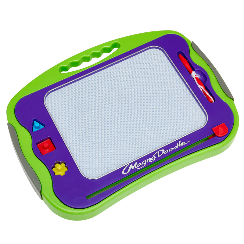A green and purple Original Magna Doodle board with a white drawing surface, a red magnetic pen, and shapes for creating designs.