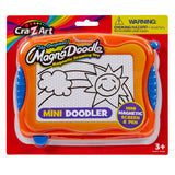 An orange Mini Magna Doodle toy with a mini magnetic screen and pen, suitable for ages 3+ and made by Cra-Z-Art. The package shows a doodle of a sun and cloud.
