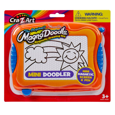 An orange Mini Magna Doodle toy with a mini magnetic screen and pen, suitable for ages 3+ and made by Cra-Z-Art. The package shows a doodle of a sun and cloud.