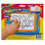 Image of a Mini Magna Doodle package for ages 3+. Package shows a child erasing a drawing of a bird on the toy's screen with a blue pen. Item number 16459.