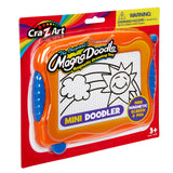 Image of Cra-Z-Art's Mini Magna Doodle in packaging. The magnetic drawing toy features a basic drawing of a sun and cloud on the screen. Suitable for ages 3 and up.