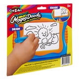 A hand drawing a bird on a Mini Magna Doodle magnetic drawing toy package. The package displays a cartoon bird image with the words "Draw" and "Erase" and is suitable for ages 3 and up.