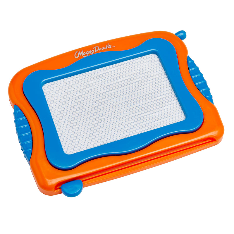 A Mini Magna Doodle with an orange and blue plastic frame and a white drawing surface.