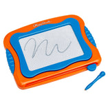 An orange and blue Mini Magna Doodle with a pen attached, showing a scribble on its screen.