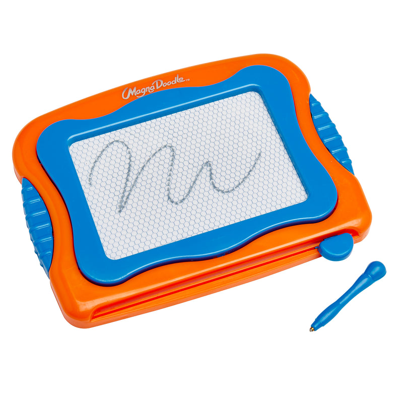 An orange and blue Mini Magna Doodle with a pen attached, showing a scribble on its screen.
