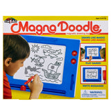 Child drawing on a Magna Doodle Retro, which is a blue-framed magnetic drawing toy. The packaging highlights its features, including drawing, erasing, playing games, and a choking hazard warning.