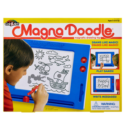 Child drawing on a Magna Doodle Retro, which is a blue-framed magnetic drawing toy. The packaging highlights its features, including drawing, erasing, playing games, and a choking hazard warning.