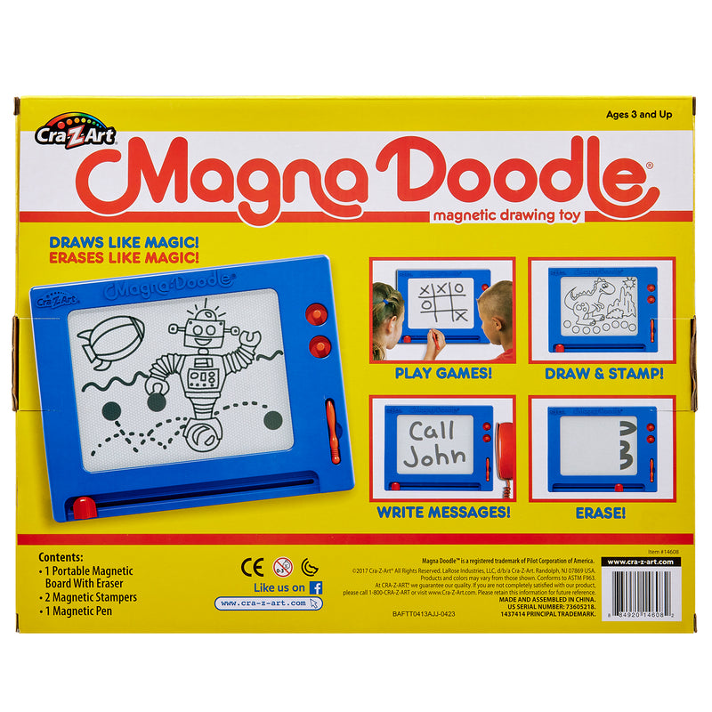 Magna Doodle Retro, a magnetic drawing toy by Cra-Z-Art for ages 3 and up. The box shows features including playing games, drawing, stamping, writing messages, and erasing. Includes 2 magnetic stamps.