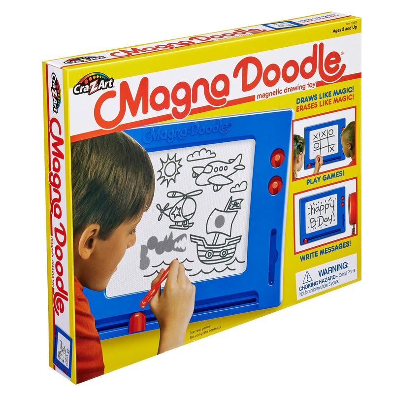 A child draws on a Magna Doodle Retro magnetic drawing toy. The toy's packaging shows various examples of drawings, encourages playing games, writing messages, and includes a warning about small parts.