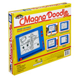 Box for a Magna Doodle Retro magnetic drawing toy featuring a blue drawing board, drawing stylus, and magnetic stamps. Suitable for ages 3 and up. Front of box shows various drawing examples.
