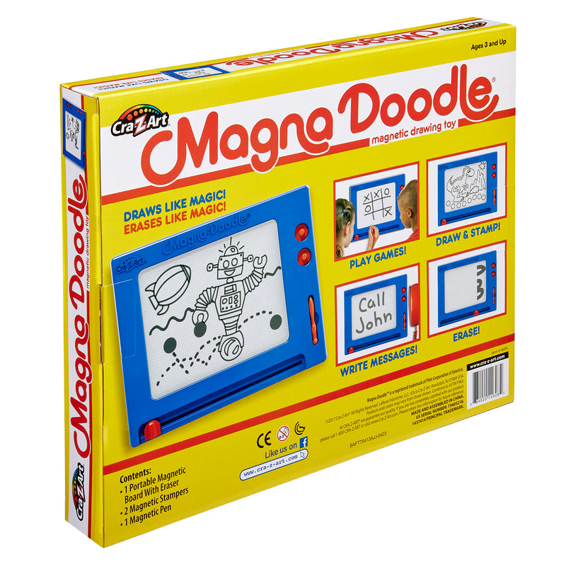 Box for a Magna Doodle Retro magnetic drawing toy featuring a blue drawing board, drawing stylus, and magnetic stamps. Suitable for ages 3 and up. Front of box shows various drawing examples.
