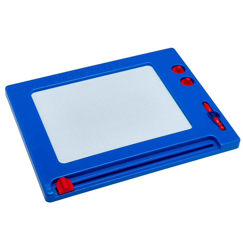 A blue Magna Doodle Retro drawing board with a sliding eraser and red knobs for drawing and erasing lines.