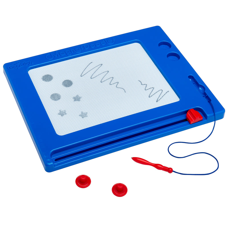 A blue Magna Doodle Retro with several shapes and squiggly lines drawn on it. Two red magnetic stamps and a red magnetic pen are beside the board.