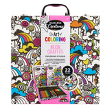 A coloring kit labeled "Timeless Creations Neon Coloring Case: All-in-One Creative Studio for Artistic Expression!" Includes 3 coloring books, markers, and gel pens with a total of 22 pieces. The case has a colorful and whimsical design featuring clouds and hearts.