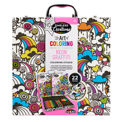 A coloring kit labeled "Timeless Creations Neon Coloring Case: All-in-One Creative Studio for Artistic Expression!" Includes 3 coloring books, markers, and gel pens with a total of 22 pieces. The case has a colorful and whimsical design featuring clouds and hearts.