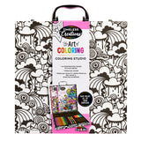 A colorful art set labeled "Timeless Creations Neon Coloring Case: All-in-One Creative Studio for Artistic Expression!" featuring 64 perforated pages, premium paper, neon pencils, gel pens, black pages, and fineliner markers.