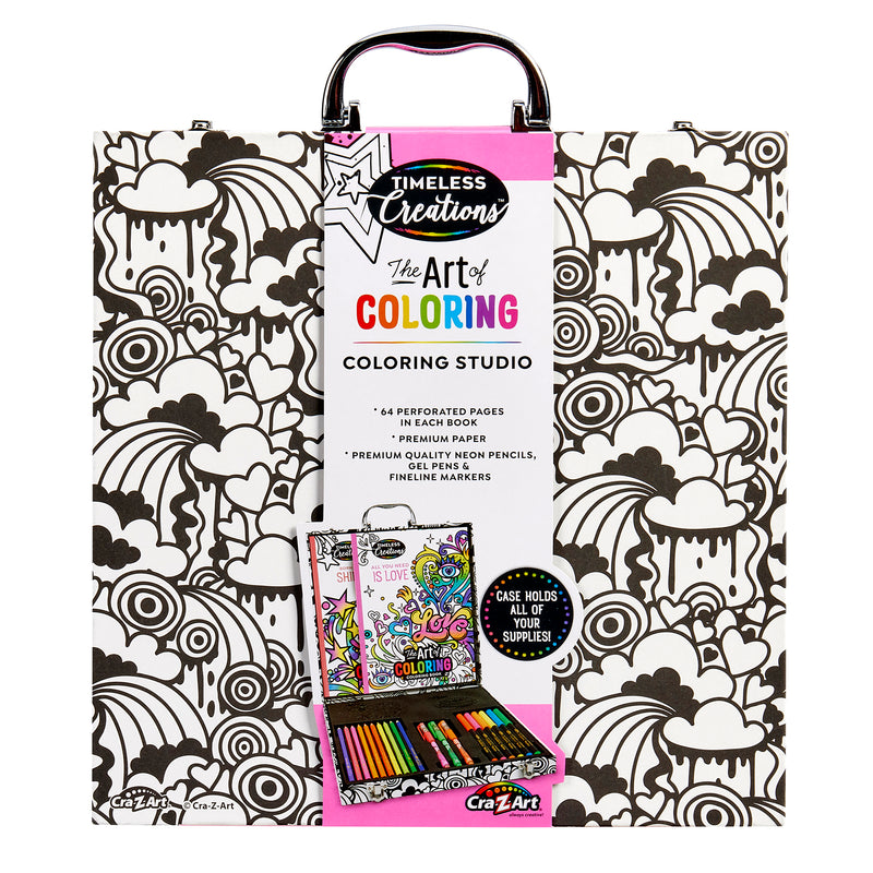 A colorful art set labeled "Timeless Creations Neon Coloring Case: All-in-One Creative Studio for Artistic Expression!" featuring 64 perforated pages, premium paper, neon pencils, gel pens, black pages, and fineliner markers.