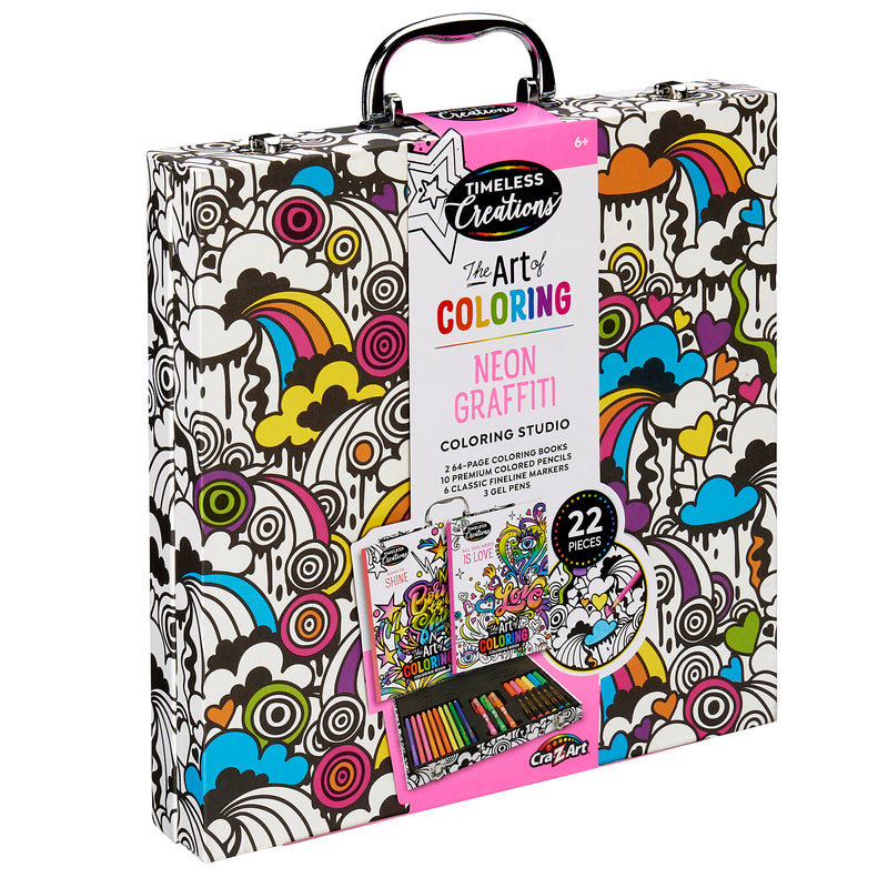 Timeless Creations Neon Coloring Case: All-in-One Creative Studio for Artistic Expression! set in a colorful, illustrated carrying case featuring 24 markers, coloring books, and more for ages 6+.