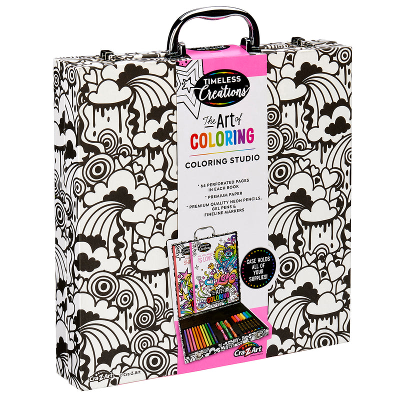 A colorful art set in a black-and-white patterned case. The set includes coloring pages, pencils, markers, and more supplies for coloring. The case is labeled "Timeless Creations Neon Coloring Case: All-in-One Creative Studio for Artistic Expression!