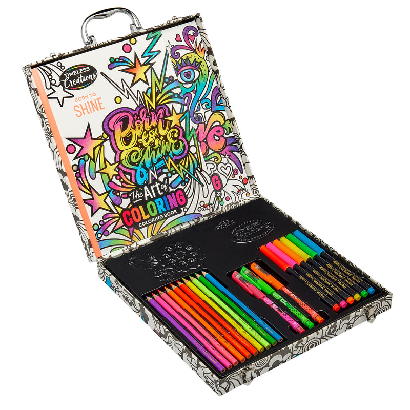 A Timeless Creations Neon Coloring Case: All-in-One Creative Studio for Artistic Expression! featuring markers, fine-liners, gel pens, and a coloring book in a decorative box. The book cover displays vibrant, artistic graphics and the words "Born to Shine" and "The Art of Coloring.