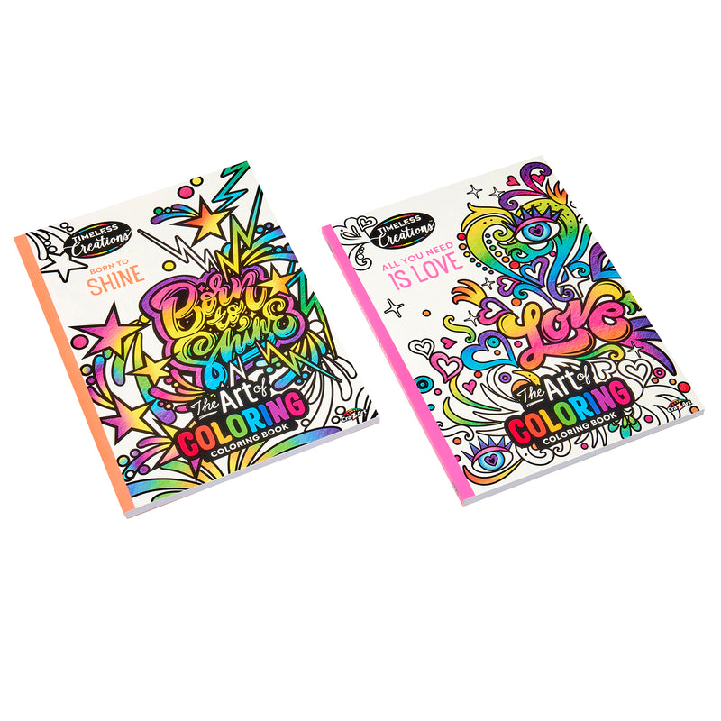 Two colorful **Timeless Creations Neon Coloring Cases: All-in-One Creative Studio for Artistic Expression!** with artistic covers. One says "Color Your Shine" and the other says "All You Need is Love," both part of "The Art of Coloring" series.