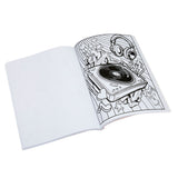 A Timeless Creations Neon Coloring Case: All-in-One Creative Studio for Artistic Expression! opened to a page with an illustration of a turntable, headphones, and musical notes. The left side of the book shows a blank white page.