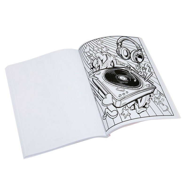 A Timeless Creations Neon Coloring Case: All-in-One Creative Studio for Artistic Expression! opened to a page with an illustration of a turntable, headphones, and musical notes. The left side of the book shows a blank white page.