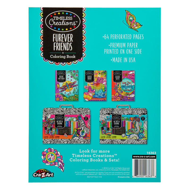 Back cover of a Timeless Creations Furever Friends Creative Coloring Book: 64 Pages of Relaxation and Intricate Designs! by Cra-Z-Art, showing illustrations of other coloring book covers, and detailing 64 perforated pages and premium one-sided paper.