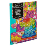 Coloring book titled "Timeless Creations Furever Friends Creative Coloring Book: 64 Pages of Relaxation and Intricate Designs!" with a colorful, intricate cover illustration featuring a patterned cat and heart designs.