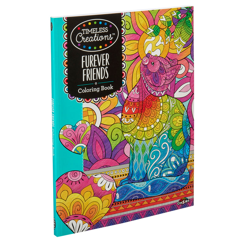 Coloring book titled "Timeless Creations Furever Friends Creative Coloring Book: 64 Pages of Relaxation and Intricate Designs!" with a colorful, intricate cover illustration featuring a patterned cat and heart designs.