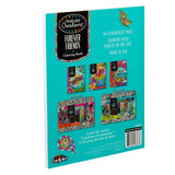 Back cover of a Timeless Creations Furever Friends Creative Coloring Book: 64 Pages of Relaxation and Intricate Designs! highlighting features such as 64 perforated pages, premium paper, and that it is made in the USA. Four smaller book images displayed.