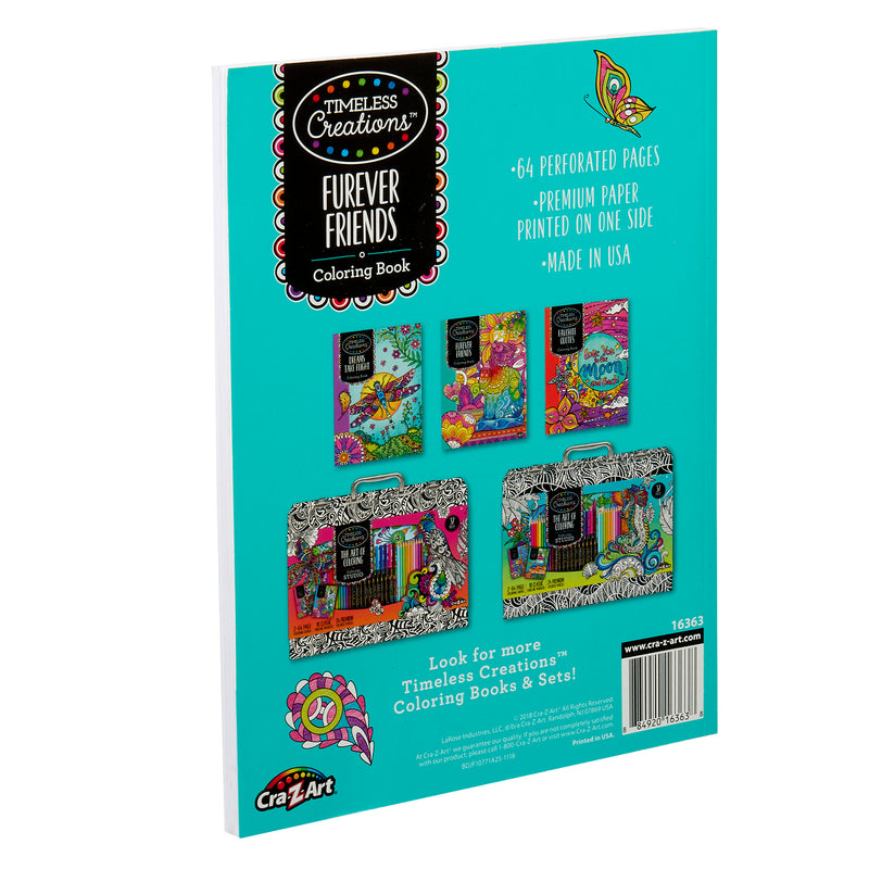 Back cover of a Timeless Creations Furever Friends Creative Coloring Book: 64 Pages of Relaxation and Intricate Designs! highlighting features such as 64 perforated pages, premium paper, and that it is made in the USA. Four smaller book images displayed.