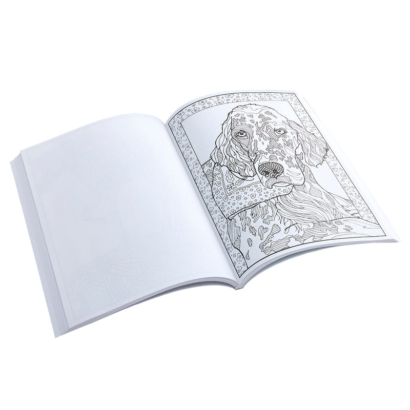 Timeless Creations Furever Friends Creative Coloring Book: 64 Pages of Relaxation and Intricate Designs! open to a page featuring an intricate black and white drawing of a dog's face.