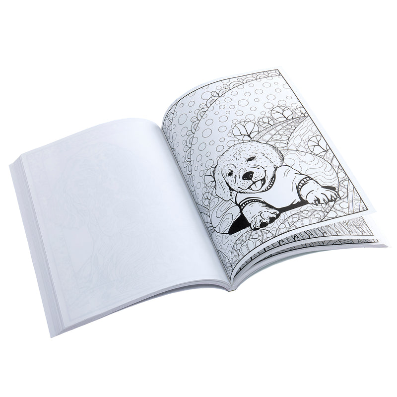 A Timeless Creations Furever Friends Creative Coloring Book: 64 Pages of Relaxation and Intricate Designs! lies open, displaying a black and white outline drawing of a happy dog with intricate patterns surrounding it.