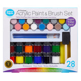 A Palmer Paint Acrylic Paint & Brush Set 28 count: Ultimate Value Pack for Endless Creative Possibilities! containing 28 items, including various paint colors, brushes, and a foam brush. Includes labeling for being non-toxic, water-reducible, and suitable for various surfaces.