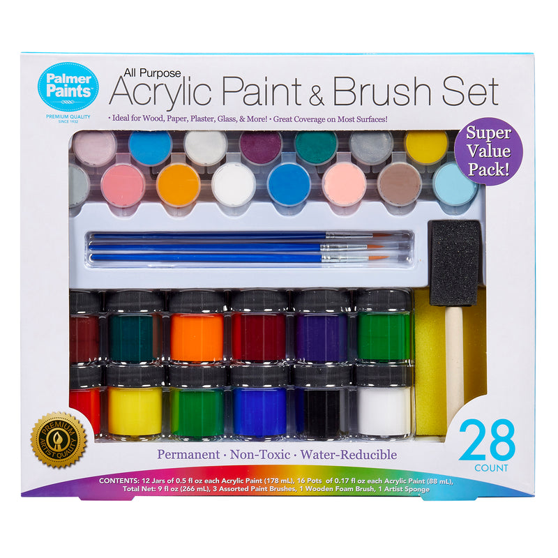 A Palmer Paint Acrylic Paint & Brush Set 28 count: Ultimate Value Pack for Endless Creative Possibilities! containing 28 items, including various paint colors, brushes, and a foam brush. Includes labeling for being non-toxic, water-reducible, and suitable for various surfaces.