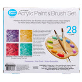 The image shows a Palmer Paint Acrylic Paint & Brush Set 28 count: Ultimate Value Pack for Endless Creative Possibilities! containing 28 pieces, including 12 jars of paint, brushes, and a palette. The box also displays sample faux finishes and color techniques.