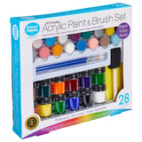 A boxed set of Palmer Paint Acrylic Paint & Brush Set 28 count: Ultimate Value Pack for Endless Creative Possibilities! includes 28 pieces: various colored paint bottles, brushes, and other painting tools. The packaging highlights it as non-toxic and water-reducible.