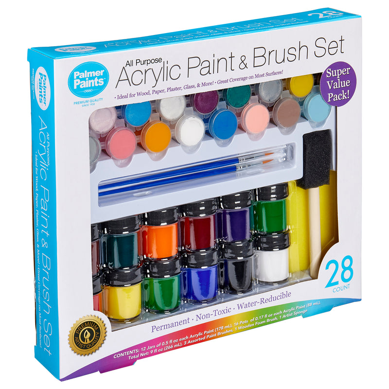 A boxed set of Palmer Paint Acrylic Paint & Brush Set 28 count: Ultimate Value Pack for Endless Creative Possibilities! includes 28 pieces: various colored paint bottles, brushes, and other painting tools. The packaging highlights it as non-toxic and water-reducible.