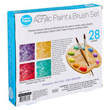 A box labeled "Palmer Paint Acrylic Paint & Brush Set 28 count: Ultimate Value Pack for Endless Creative Possibilities!" with 28 pieces, including acrylic paints, brushes, a palette, and sponge. The back shows sample designs and details about the product's features.